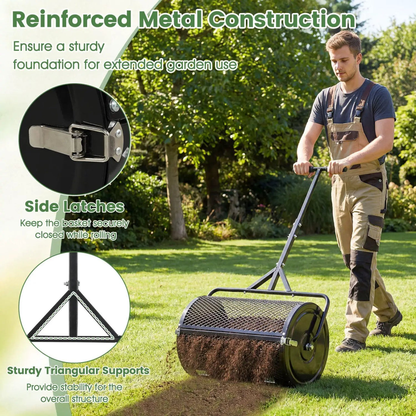 24 Inch Compost Spreader Peat Moss Spreader Roller with Height-Adjustable T-Shaped Handle by DirectDeals