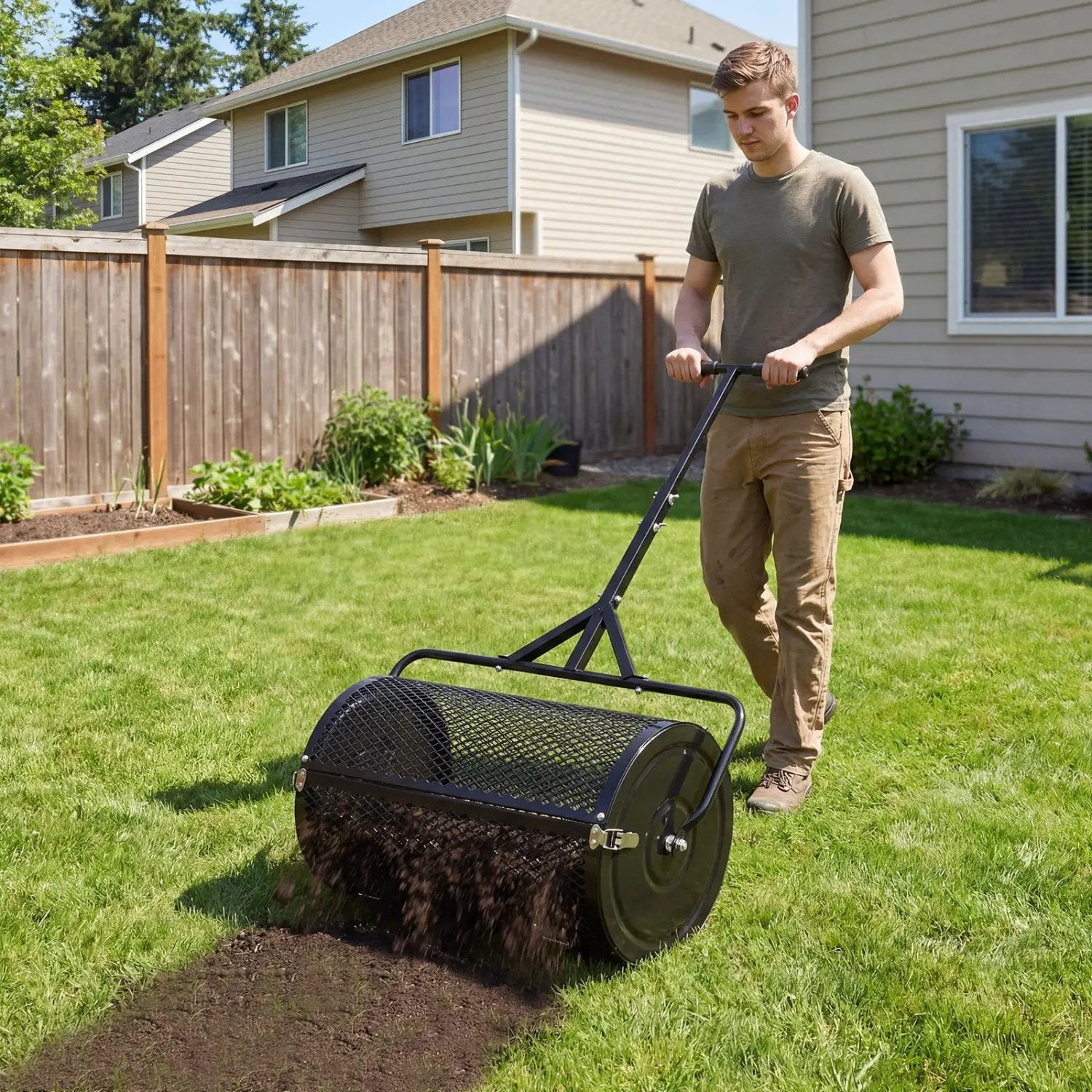 24 Inch Compost Spreader Peat Moss Spreader Roller with Height-Adjustable T-Shaped Handle by DirectDeals