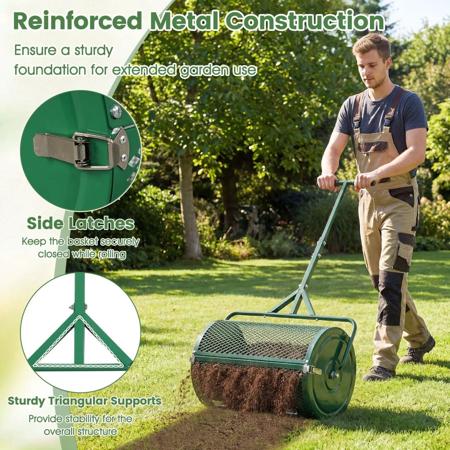 24 Inch Compost Spreader Peat Moss Spreader Roller with Height-Adjustable T-Shaped Handle by DirectDeals