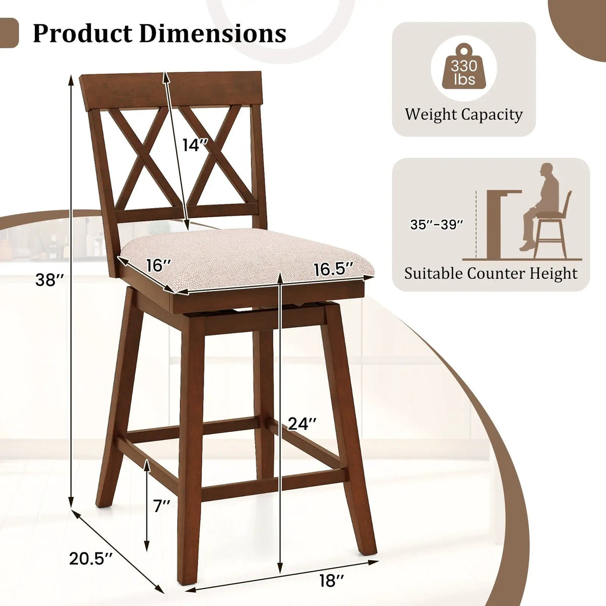 Counter Height Swivel Bar Stools with Upholstered Seat - Set of 2 by DirectDeals