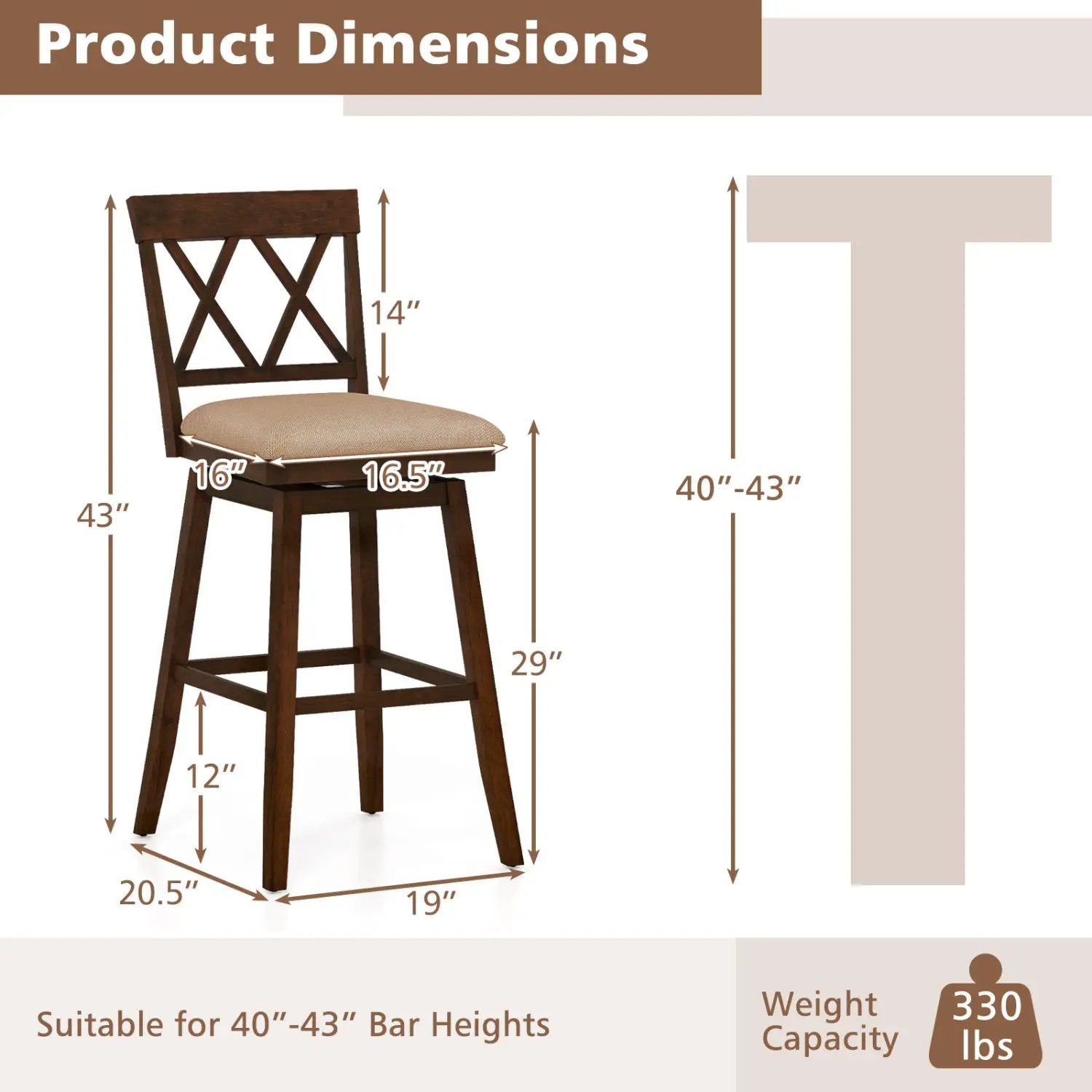 24 Inch Counter Height Barstools Set of 2 with Backrest and Seat Cushion by DirectDeals
