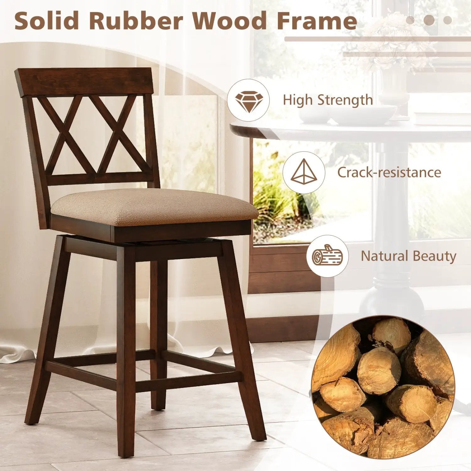 24 Inch Counter Height Barstools Set of 2 with Backrest and Seat Cushion by DirectDeals