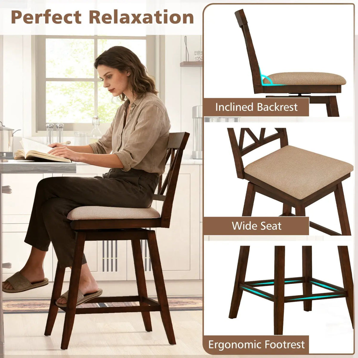 24 Inch Counter Height Barstools Set of 2 with Backrest and Seat Cushion by DirectDeals