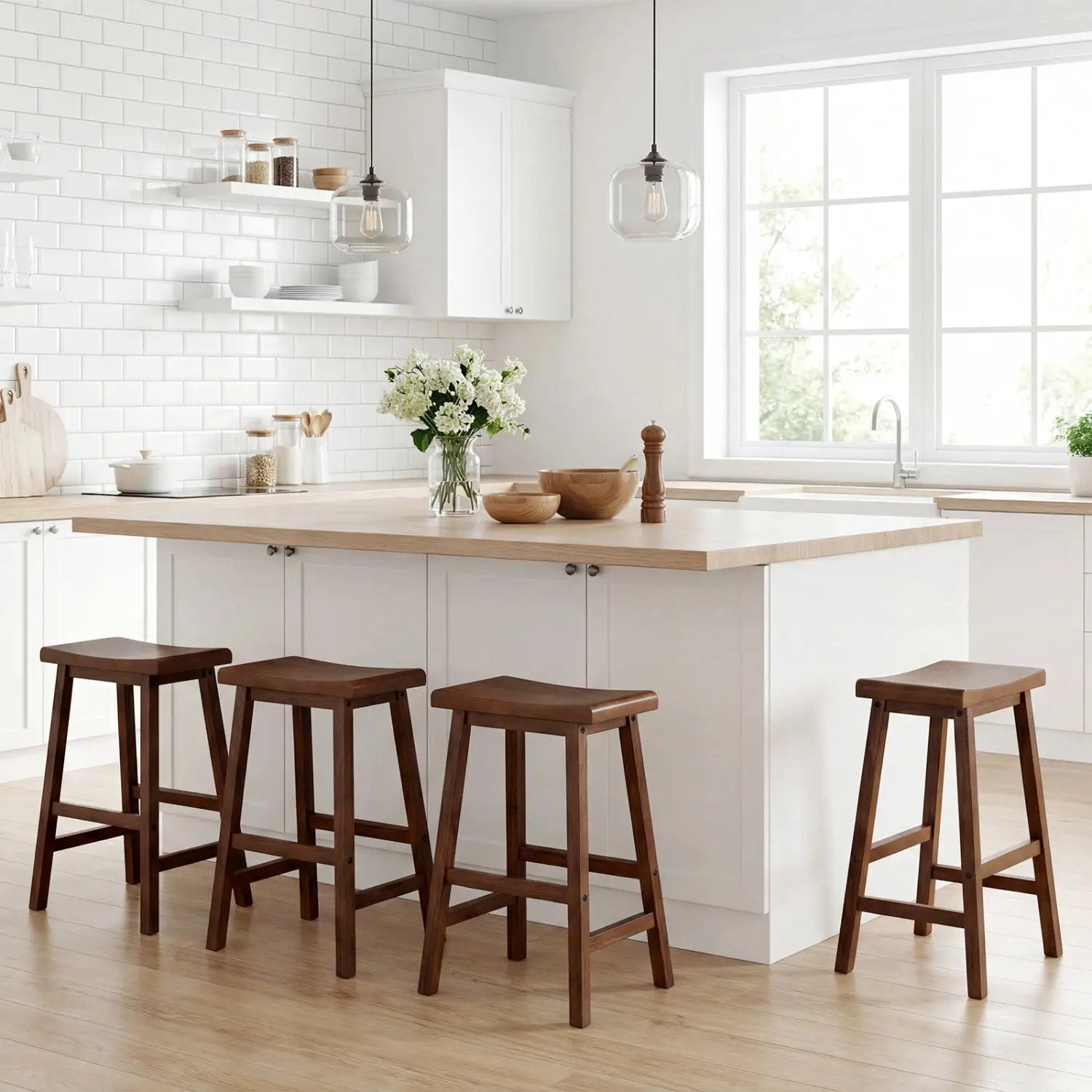 24 Inch Counter Height Stools Solid Wood Saddle Bar Stools Set of 2 by DirectDeals