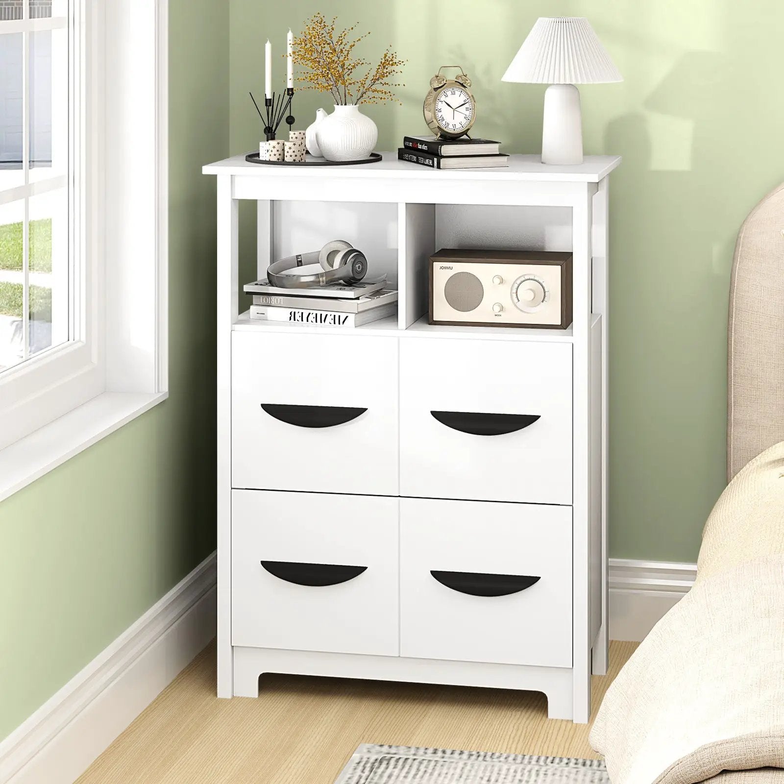 24 Inch Floor Cabinet with 2 Open Compartments and 2 Drawers-White by DirectDeals