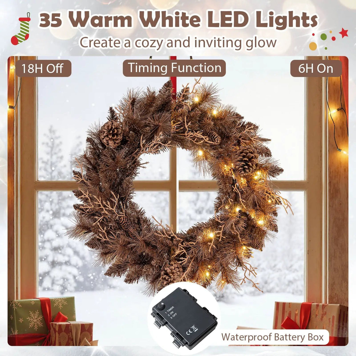 24 Inch Pre-lit Christmas Wreath with 105 Branch Tips and 35 Warm White LED Lights by DirectDeals