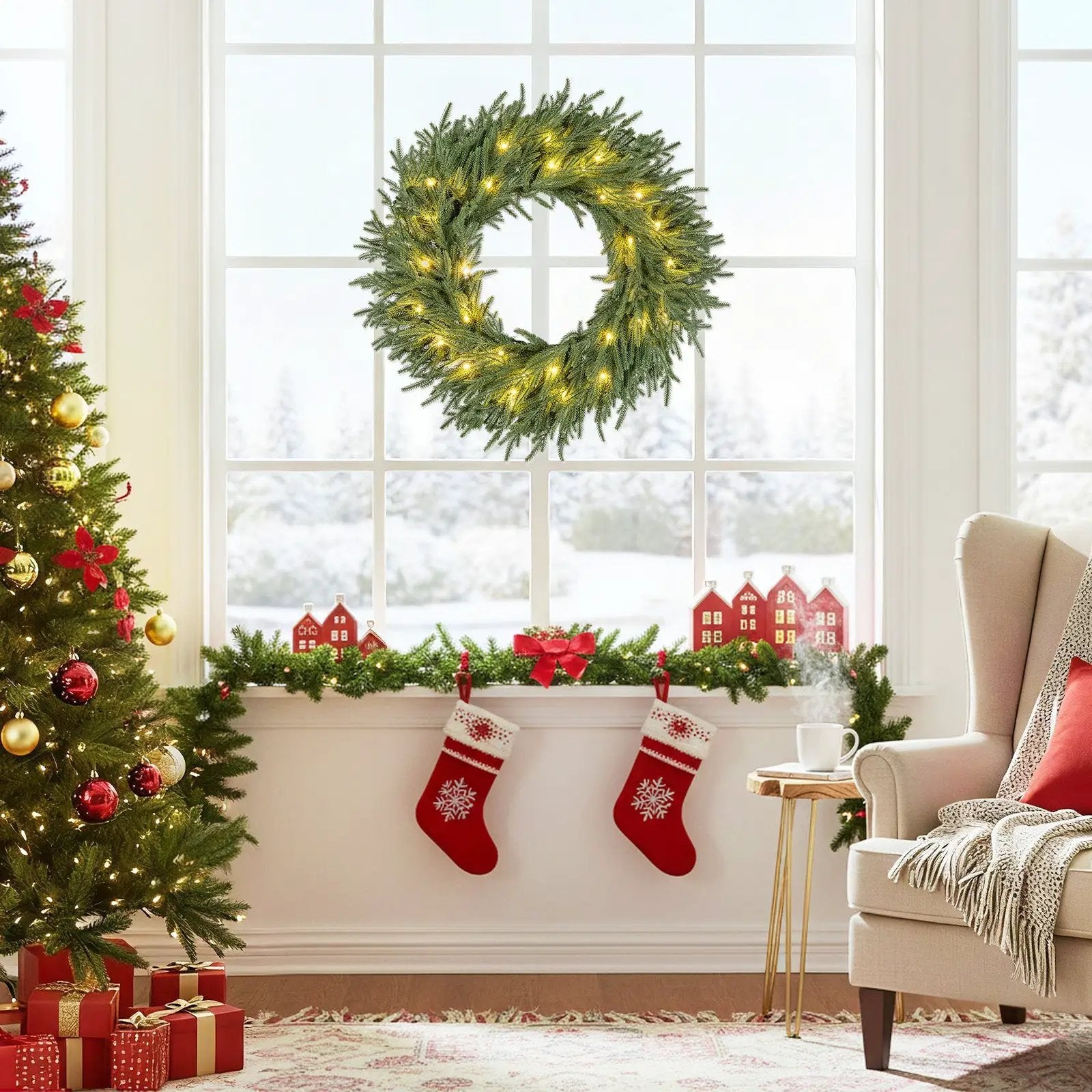 24 Inch Pre-lit Christmas Wreath with 108 Branch Tips and 35 Warm White LED Lights for Wall Window by DirectDeals