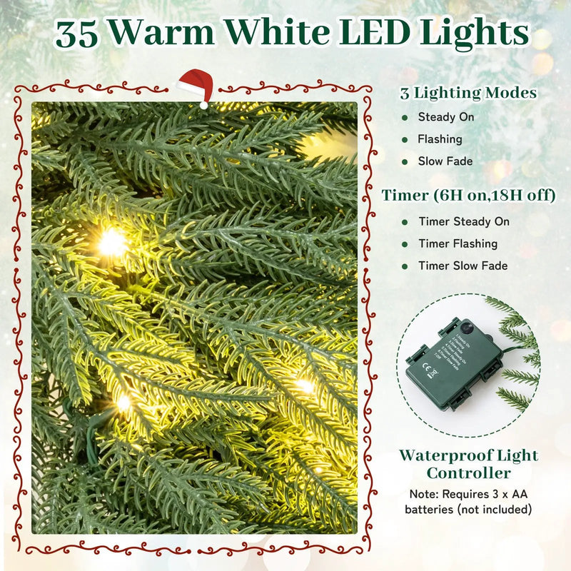 24 Inch Pre-lit Christmas Wreath with 108 Branch Tips and 35 Warm White LED Lights for Wall Window by DirectDeals