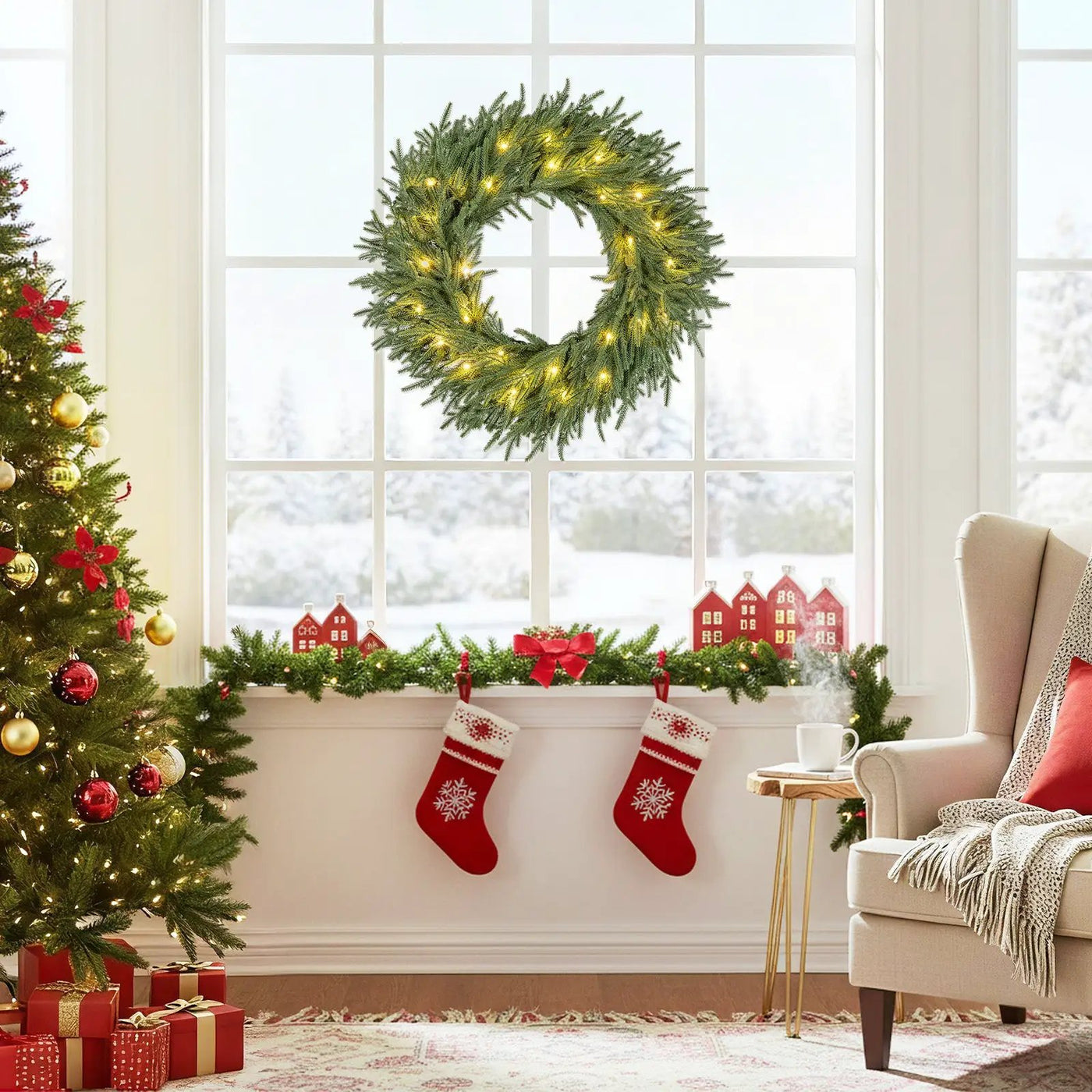 24 Inch Pre-lit Christmas Wreath with 108 Branch Tips and 35 Warm White LED Lights for Wall Window by DirectDeals