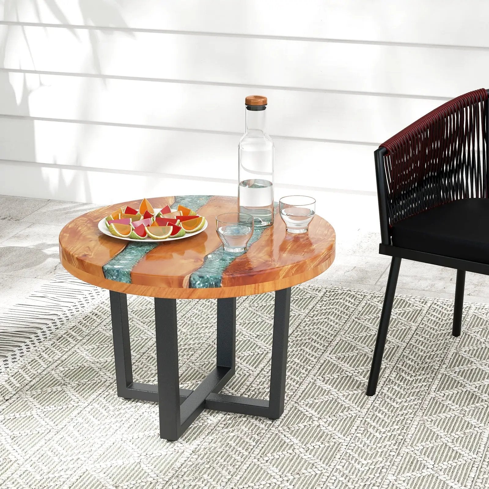 24 Inch Outdoor Solid Live Edge Round Teak Wood End Table with Epoxy Resin Tabletop by DirectDeals
