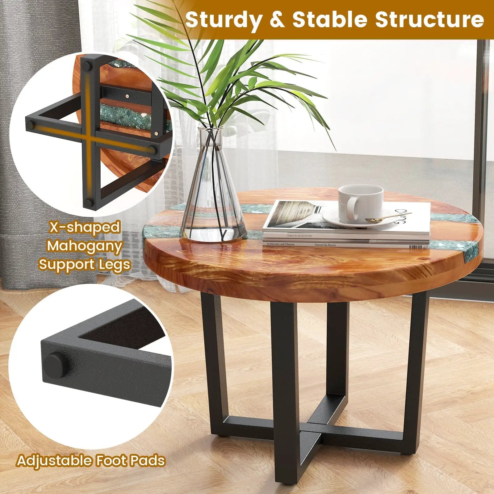 24 Inch Outdoor Solid Live Edge Round Teak Wood End Table with Epoxy Resin Tabletop by DirectDeals