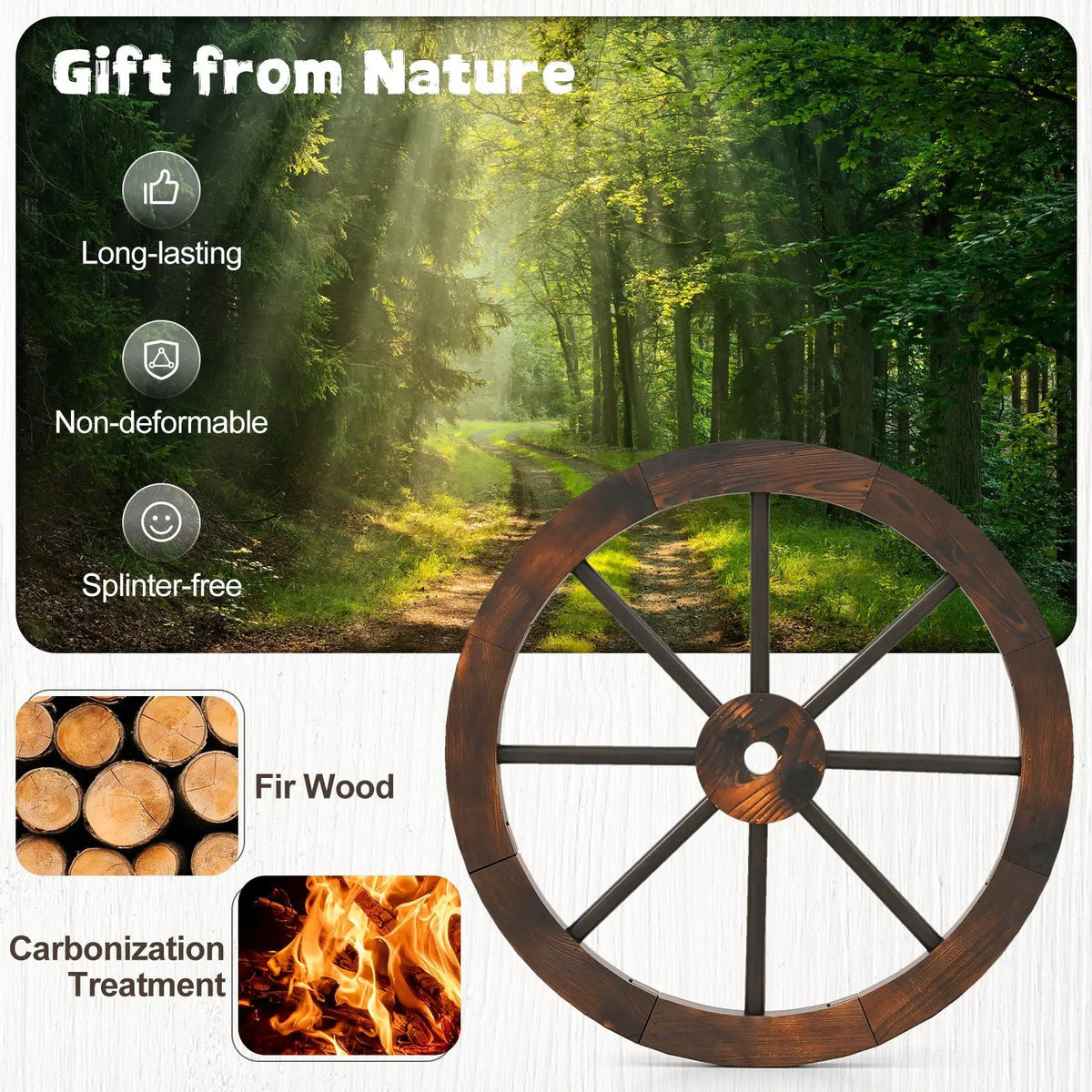 24 Inch Set of 4 Decorative Wooden Wagon Wheel Carbonized Solid Fir Wood by DirectDeals