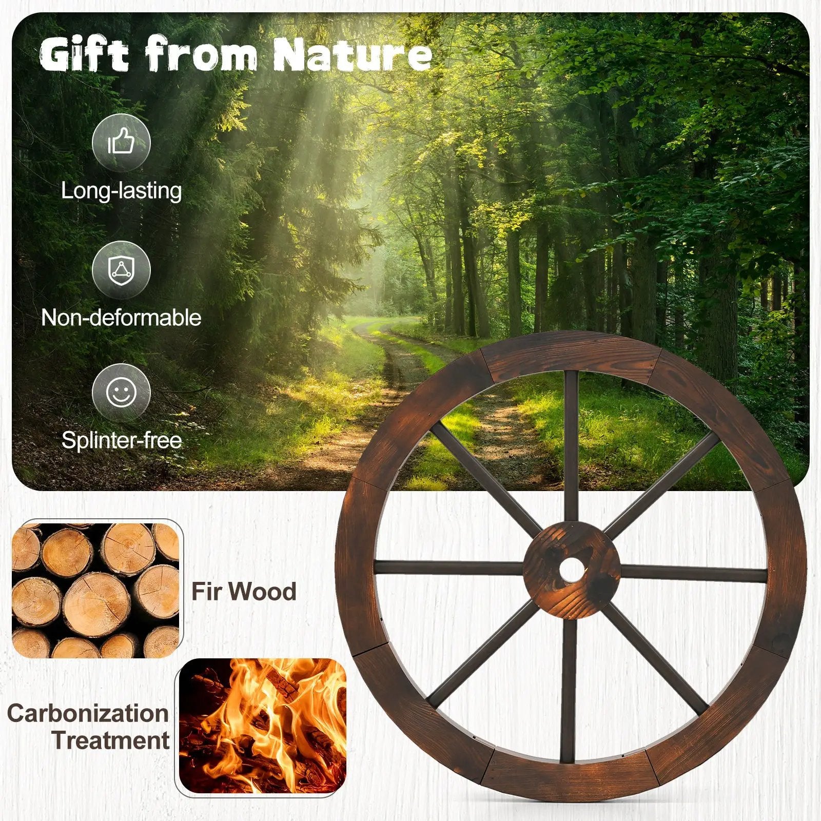 24 Inch Set of 4 Decorative Wooden Wagon Wheel Carbonized Solid Fir Wood by DirectDeals