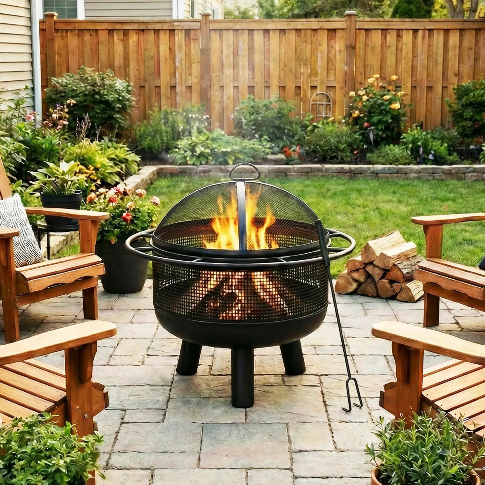 24 Inch Wood Burning Fire Pit with Log Grate and Mesh Screen for Outside by DirectDeals
