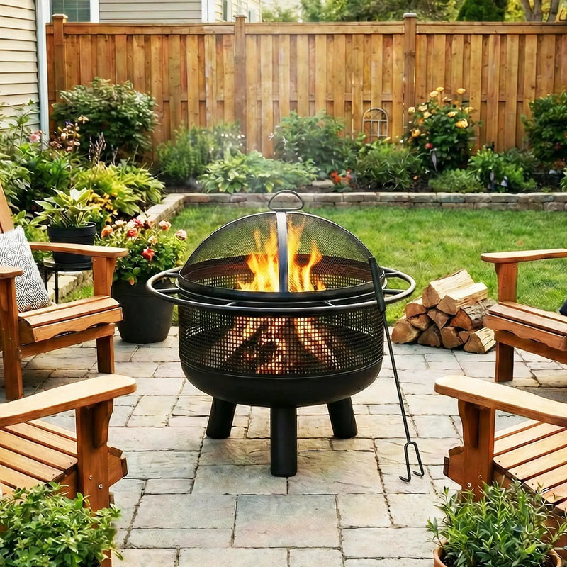 24 Inch Wood Burning Fire Pit with Log Grate and Mesh Screen for Outside by DirectDeals