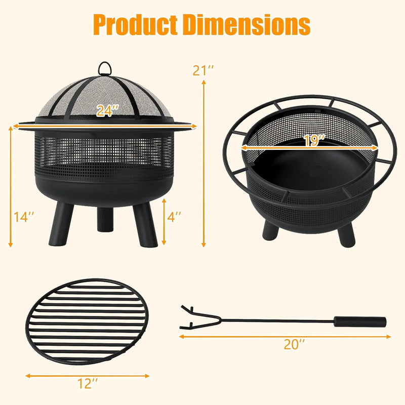 24 Inch Wood Burning Fire Pit with Log Grate and Mesh Screen for Outside by DirectDeals