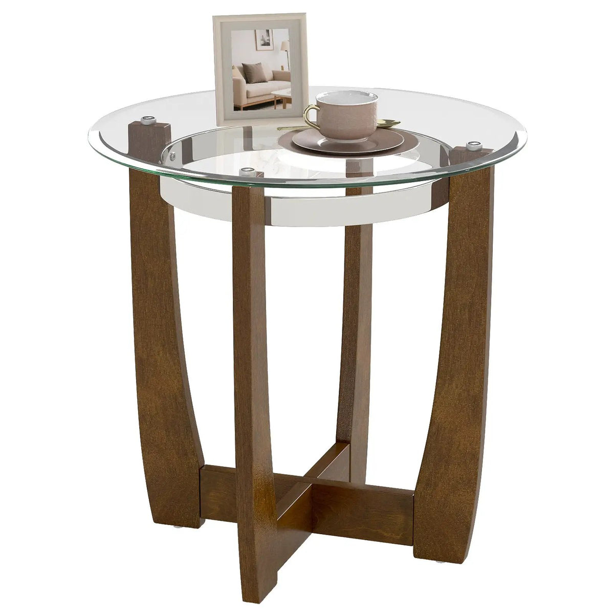 24 Inches Round Side Table with Tempered Glass Top and Solid Rubber Wood Base by DirectDeals