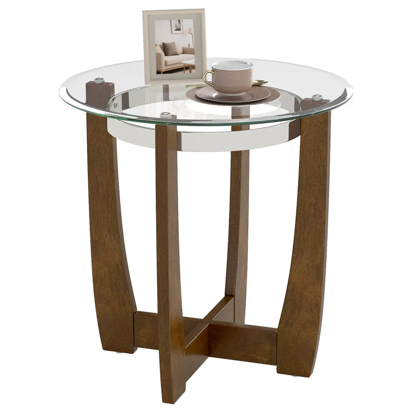 24 Inches Round Side Table with Tempered Glass Top and Solid Rubber Wood Base by DirectDeals