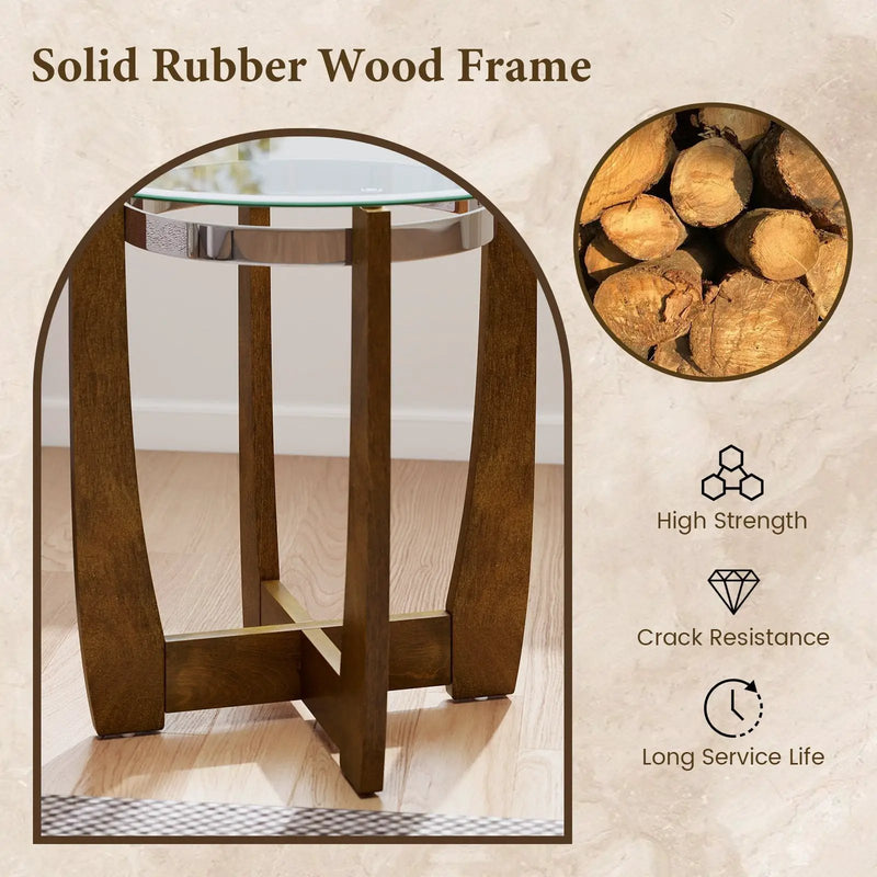 24 Inches Round Side Table with Tempered Glass Top and Solid Rubber Wood Base by DirectDeals