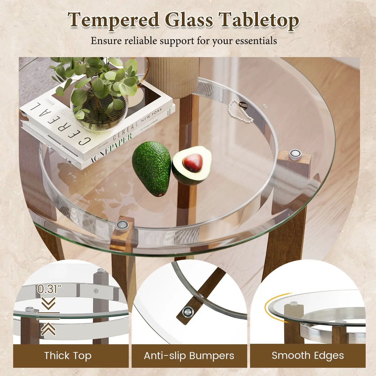 24 Inches Round Side Table with Tempered Glass Top and Solid Rubber Wood Base by DirectDeals