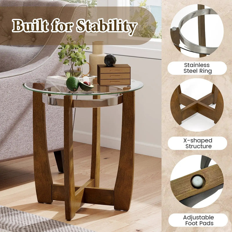 24 Inches Round Side Table with Tempered Glass Top and Solid Rubber Wood Base by DirectDeals