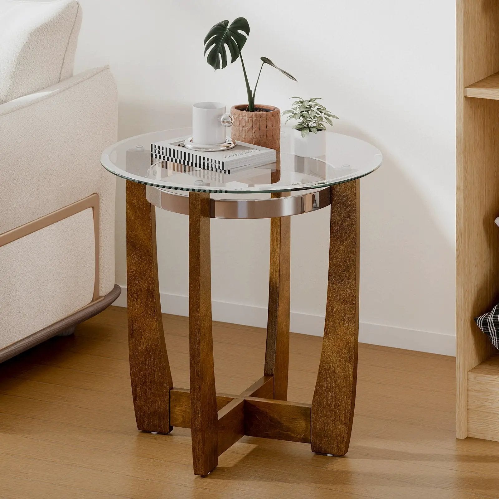 24 Inches Round Side Table with Tempered Glass Top and Solid Rubber Wood Base by DirectDeals