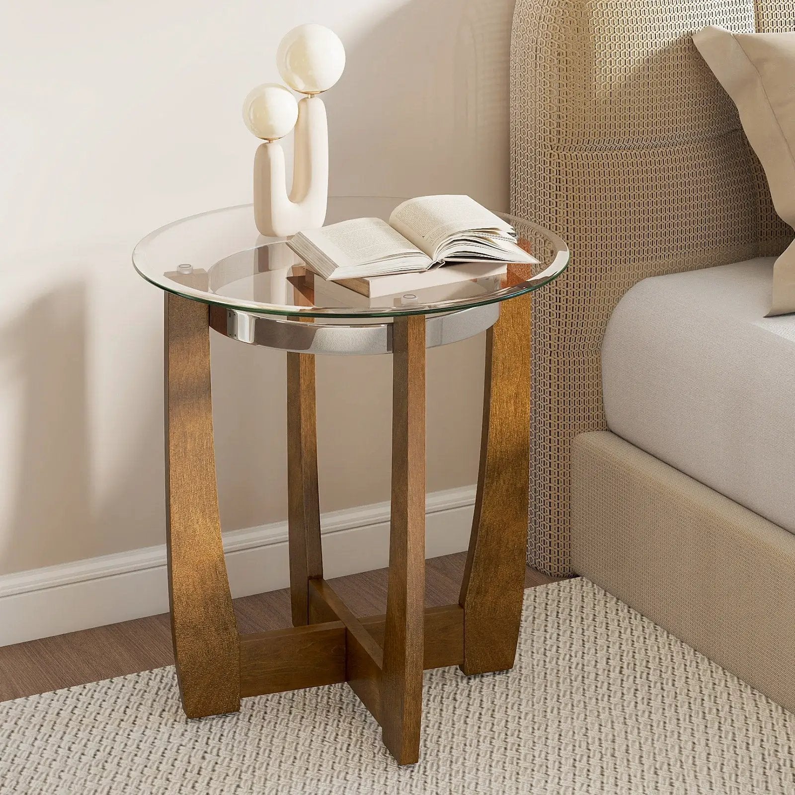 24 Inches Round Side Table with Tempered Glass Top and Solid Rubber Wood Base by DirectDeals