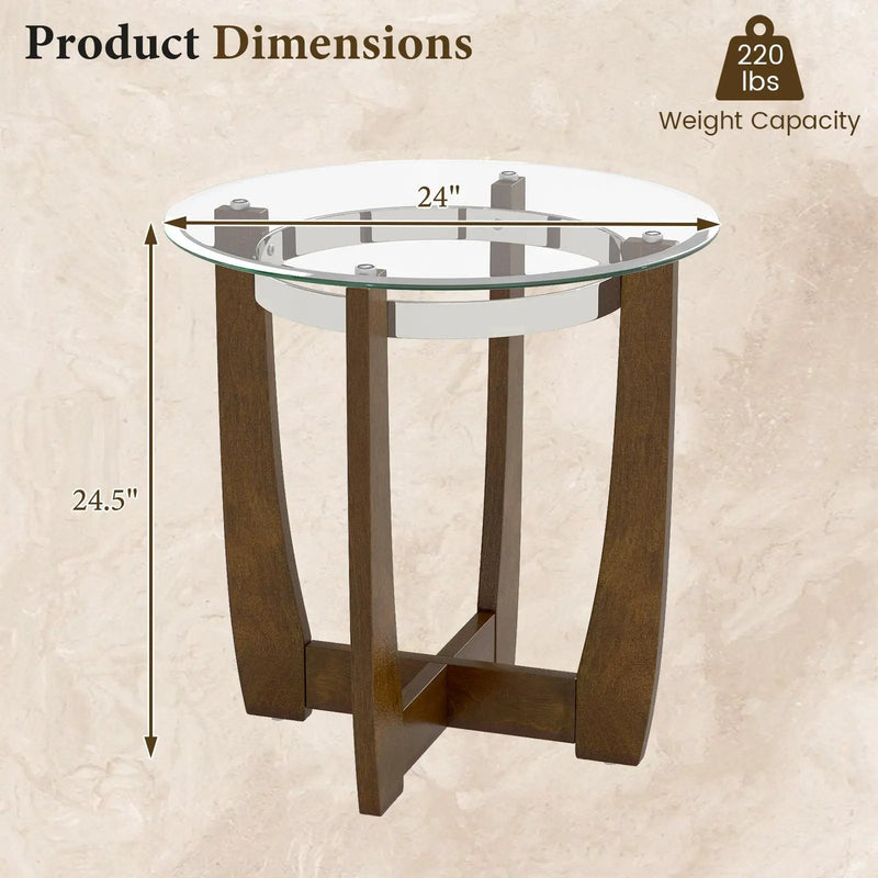 24 Inches Round Side Table with Tempered Glass Top and Solid Rubber Wood Base by DirectDeals
