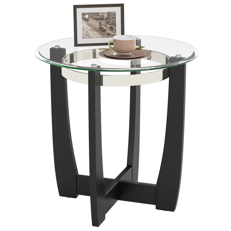 24 Inches Round Side Table with Tempered Glass Top and Solid Rubber Wood Base by DirectDeals