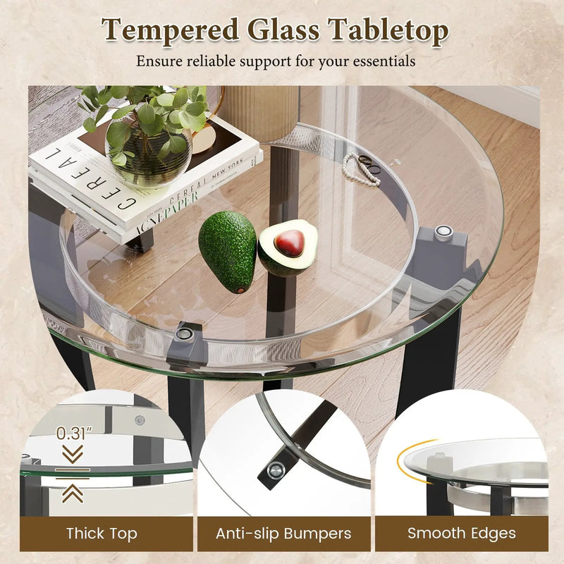 24 Inches Round Side Table with Tempered Glass Top and Solid Rubber Wood Base by DirectDeals