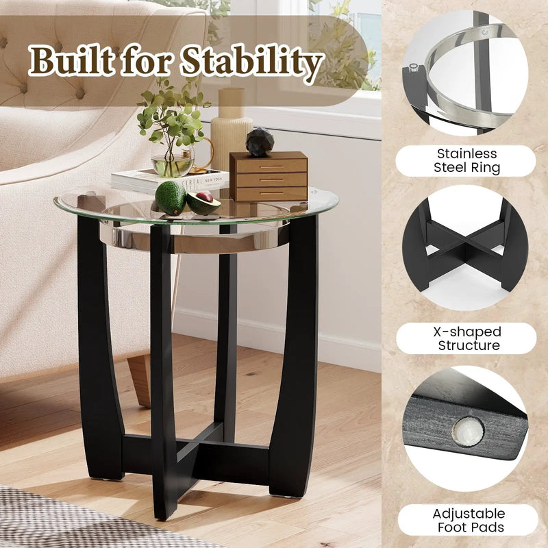 24 Inches Round Side Table with Tempered Glass Top and Solid Rubber Wood Base by DirectDeals