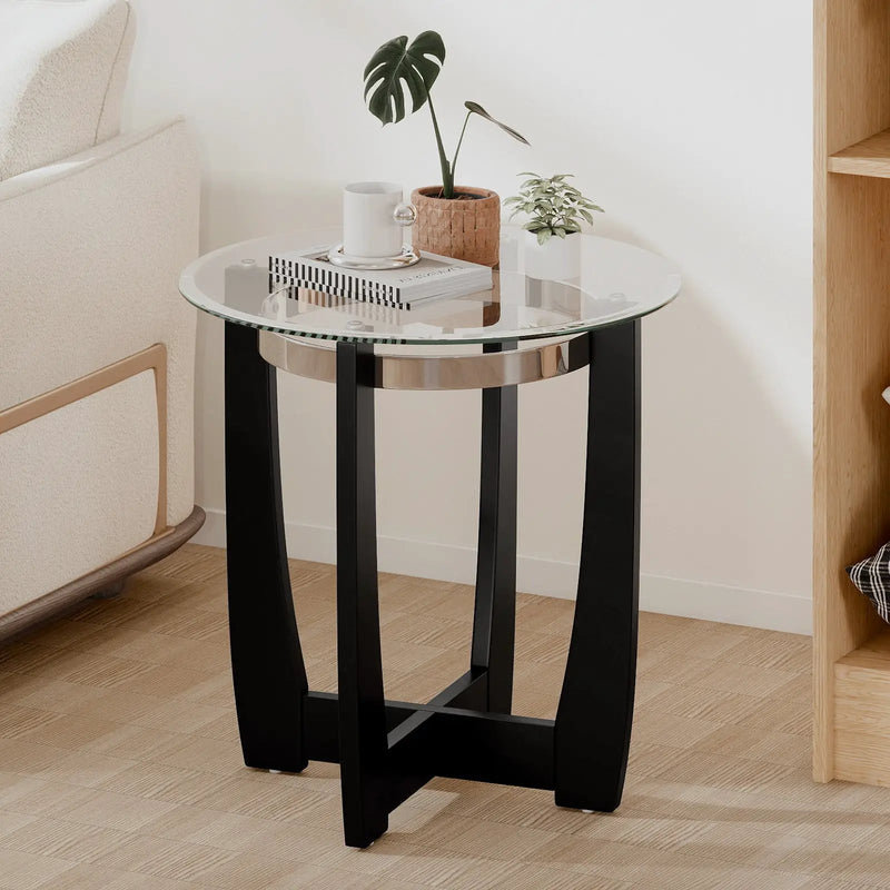 24 Inches Round Side Table with Tempered Glass Top and Solid Rubber Wood Base by DirectDeals