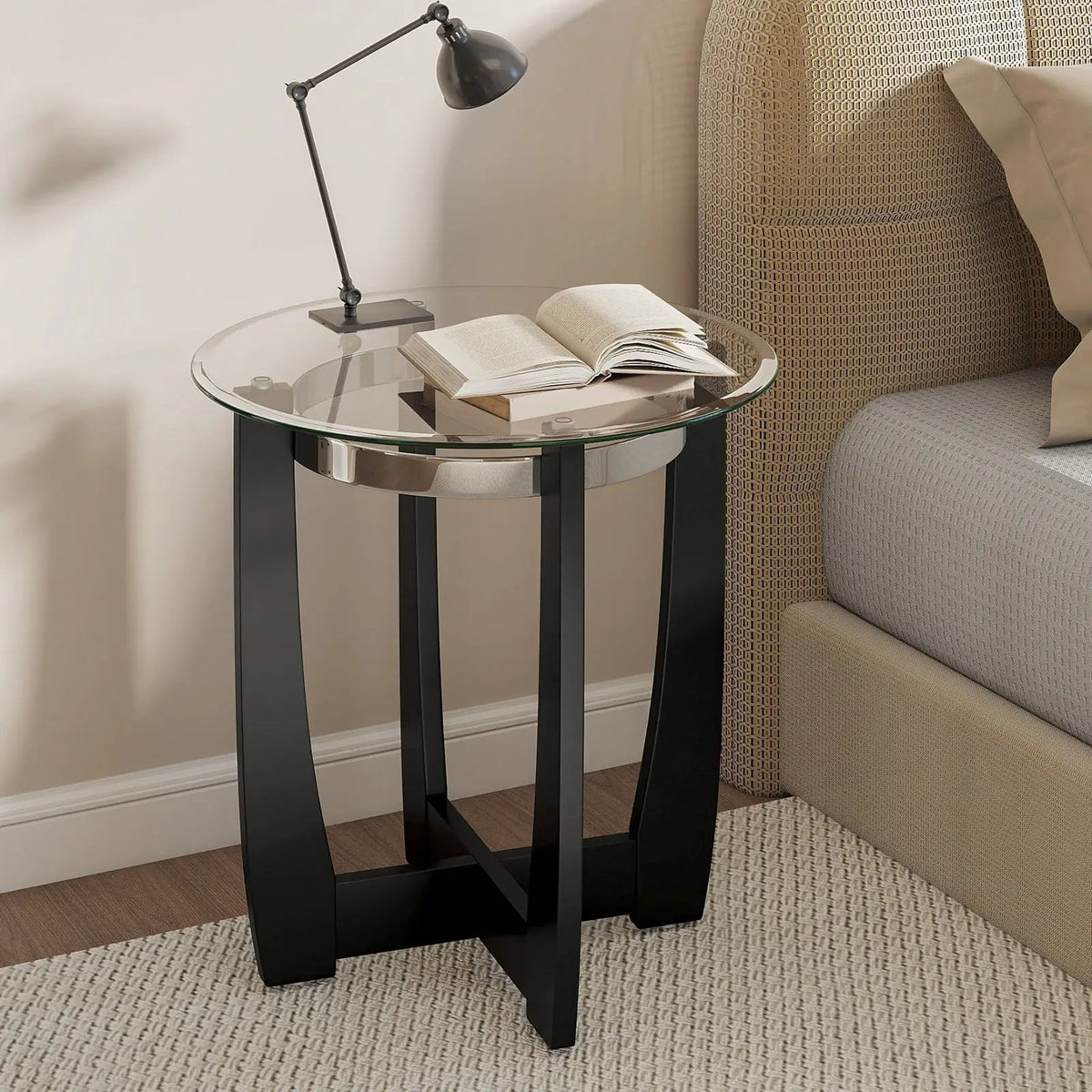 24 Inches Round Side Table with Tempered Glass Top and Solid Rubber Wood Base by DirectDeals