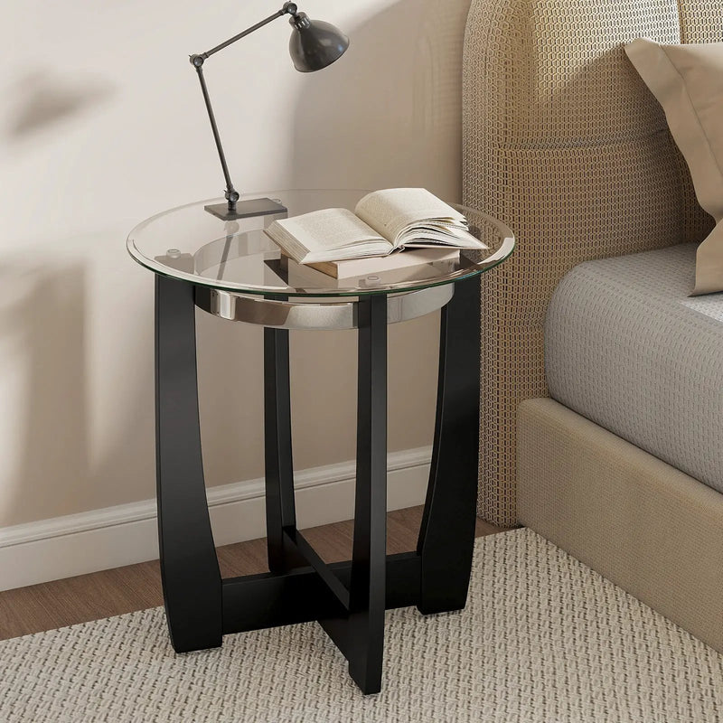 24 Inches Round Side Table with Tempered Glass Top and Solid Rubber Wood Base by DirectDeals