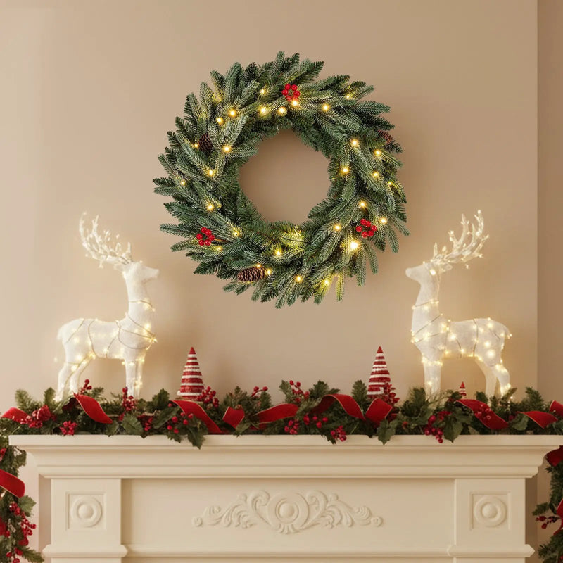 24‚Äù Pre-lit Christmas Wreath Front Door Artificial Xmas Wreath with 90 Frosted Branch Tips by DirectDeals