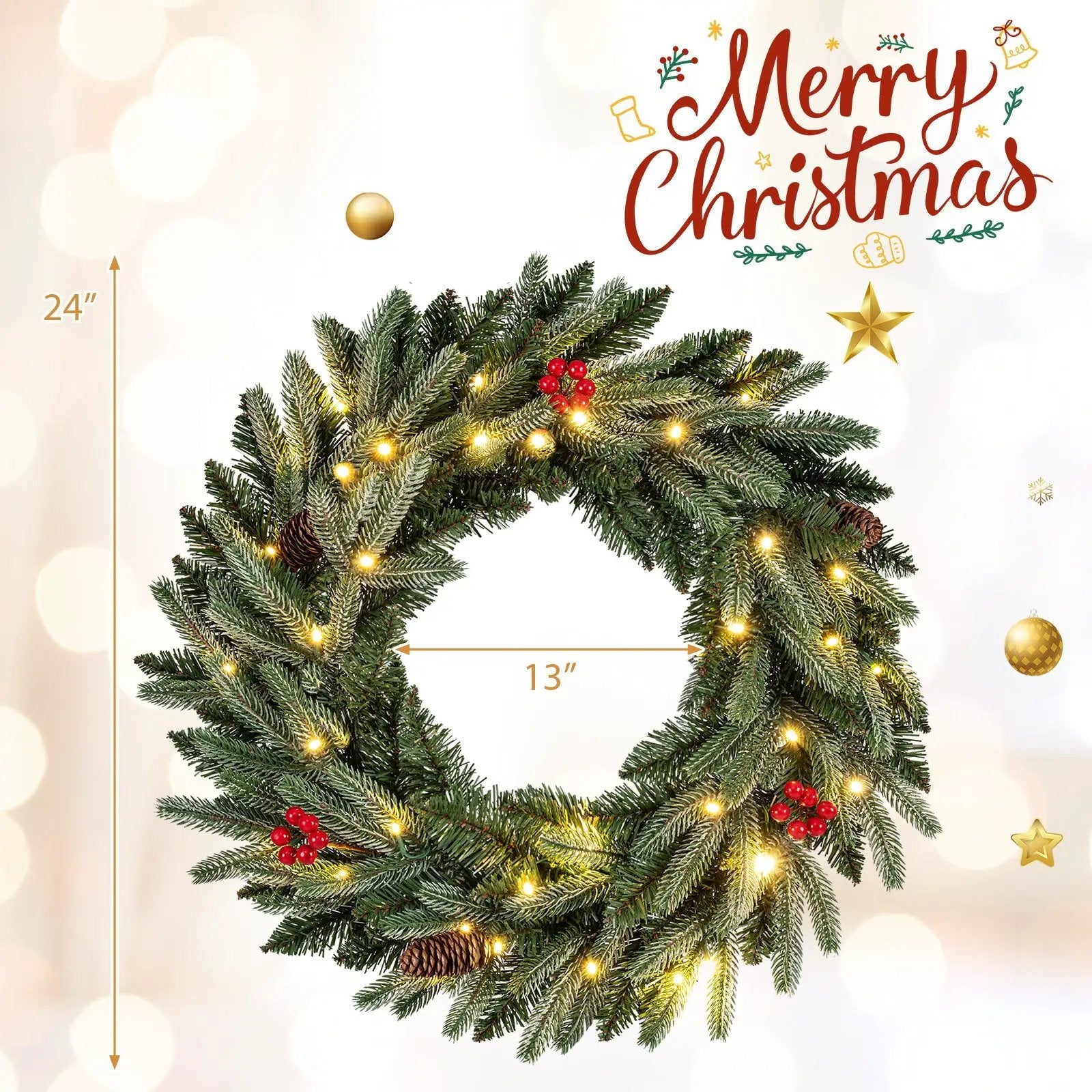 24‚Äù Pre-lit Christmas Wreath Front Door Artificial Xmas Wreath with 90 Frosted Branch Tips by DirectDeals