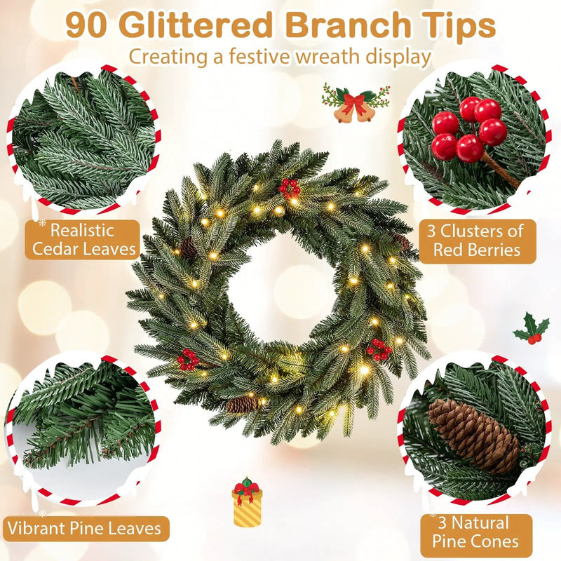 24‚Äù Pre-lit Christmas Wreath Front Door Artificial Xmas Wreath with 90 Frosted Branch Tips by DirectDeals