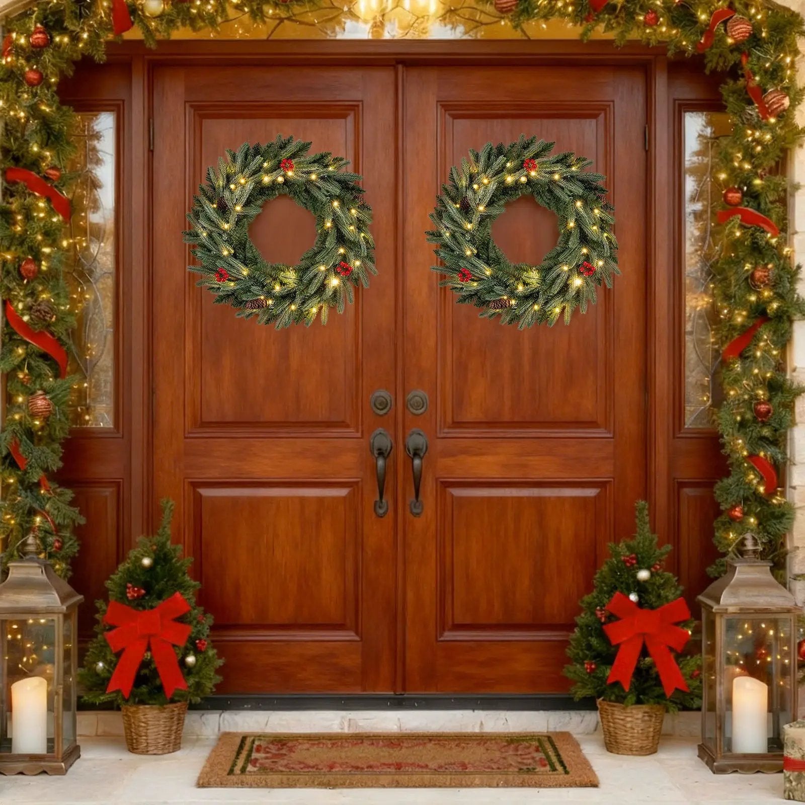 24‚Äù Pre-lit Christmas Wreath Set of 2 Front Door Artificial Xmas Wreath with 90 Frosted Branch Tips by DirectDeals