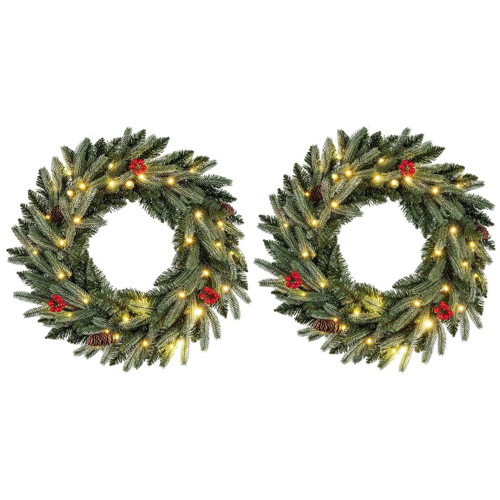 24‚Äù Pre-lit Christmas Wreath Set of 2 Front Door Artificial Xmas Wreath with 90 Frosted Branch Tips by DirectDeals