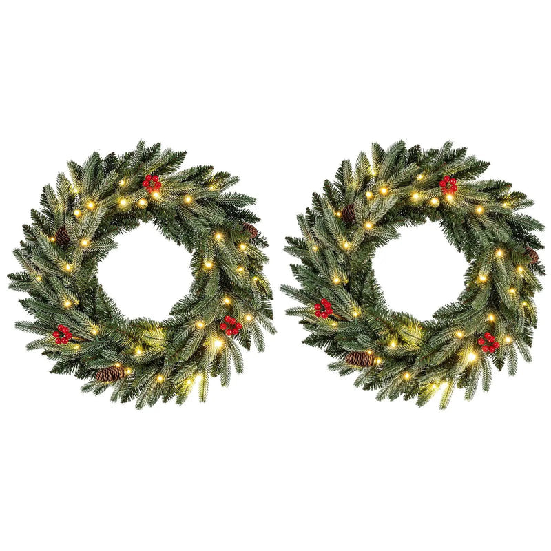 24‚Äù Pre-lit Christmas Wreath Set of 2 Front Door Artificial Xmas Wreath with 90 Frosted Branch Tips by DirectDeals