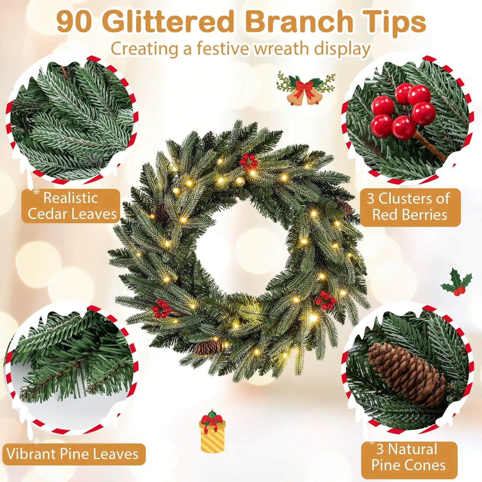 24‚Äù Pre-lit Christmas Wreath Set of 2 Front Door Artificial Xmas Wreath with 90 Frosted Branch Tips by DirectDeals