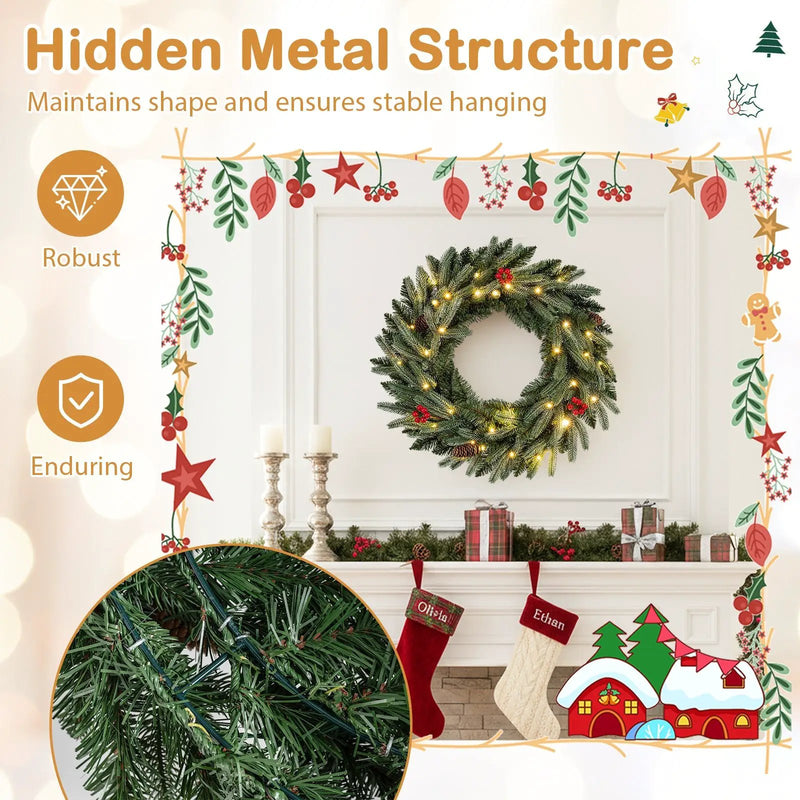 24‚Äù Pre-lit Christmas Wreath Set of 2 Front Door Artificial Xmas Wreath with 90 Frosted Branch Tips by DirectDeals
