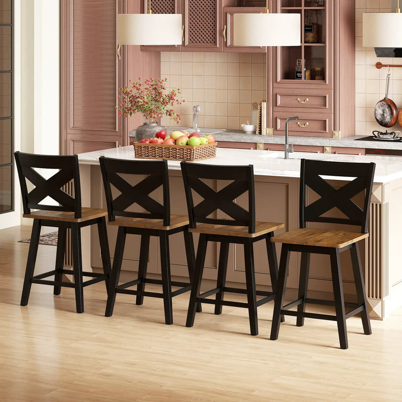 24" Rubberwood Swivel Barstools Set of 4 with Backrest and Large Seat by DirectDeals