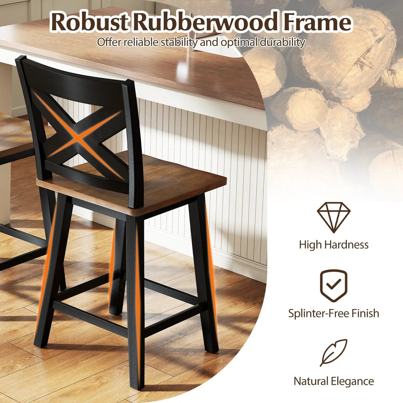 24" Rubberwood Swivel Barstools Set of 4 with Backrest and Large Seat by DirectDeals
