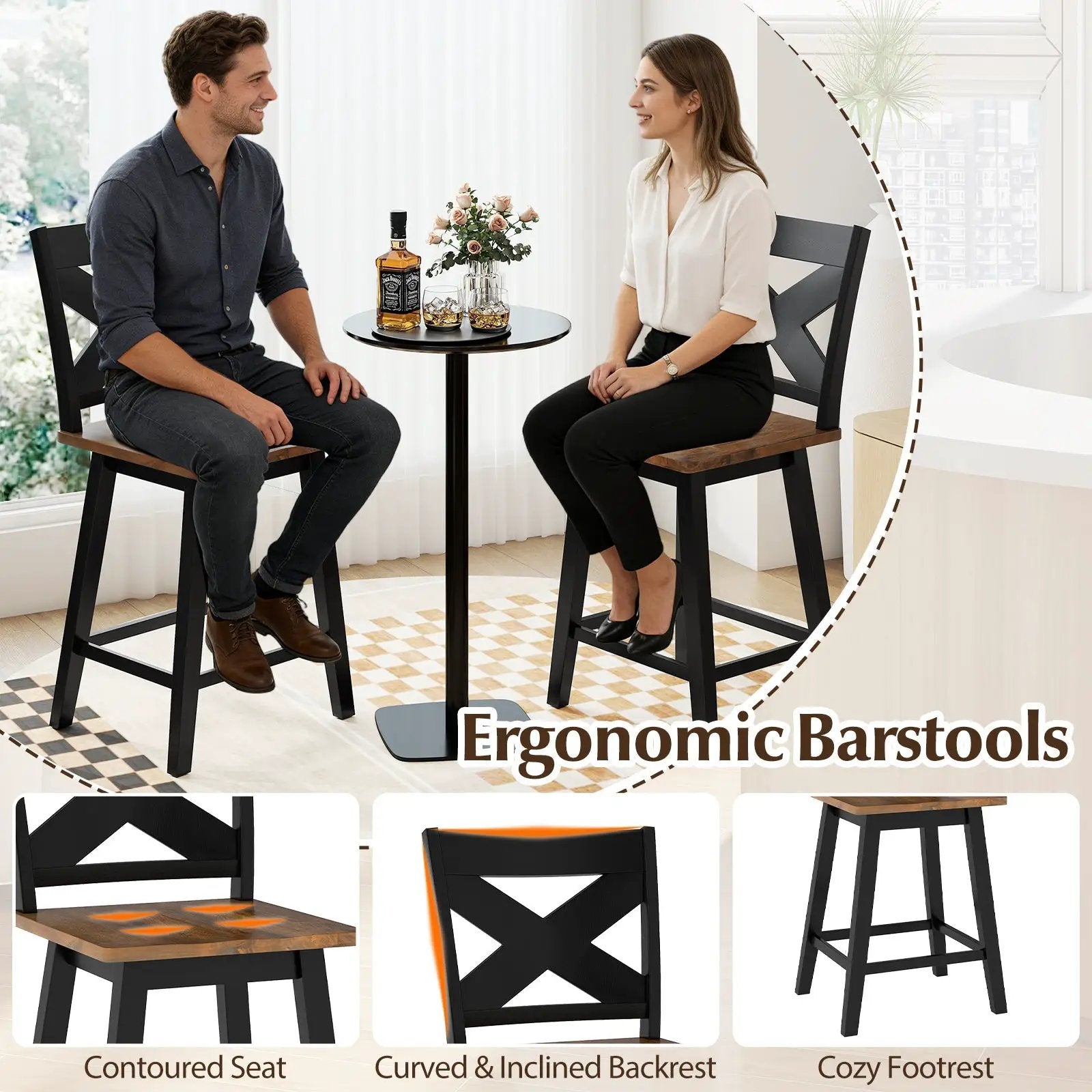 24" Rubberwood Swivel Barstools Set of 4 with Backrest and Large Seat by DirectDeals