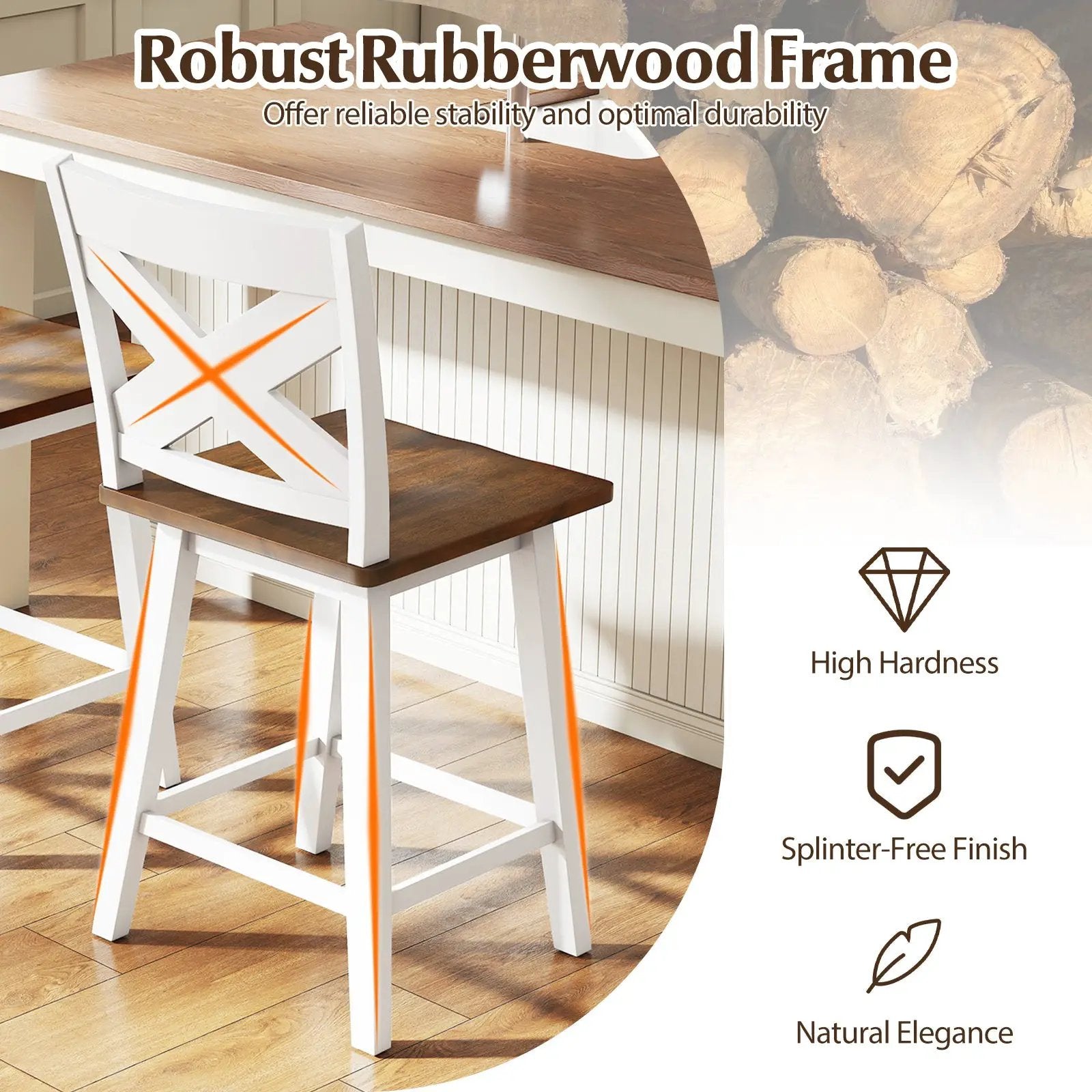 24" Rubberwood Swivel Barstools Set of 4 with Backrest and Large Seat by DirectDeals