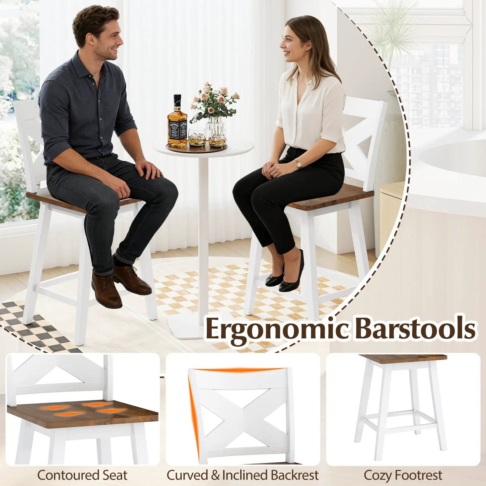24" Rubberwood Swivel Barstools Set of 4 with Backrest and Large Seat by DirectDeals