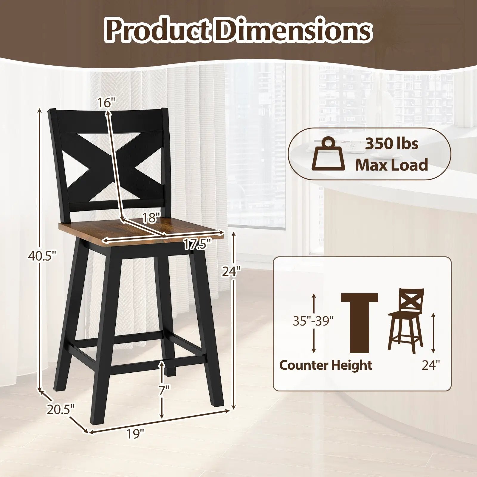 24" Rubberwood Swivel Barstools Set of 4 with Backrest and Large Seat by DirectDeals