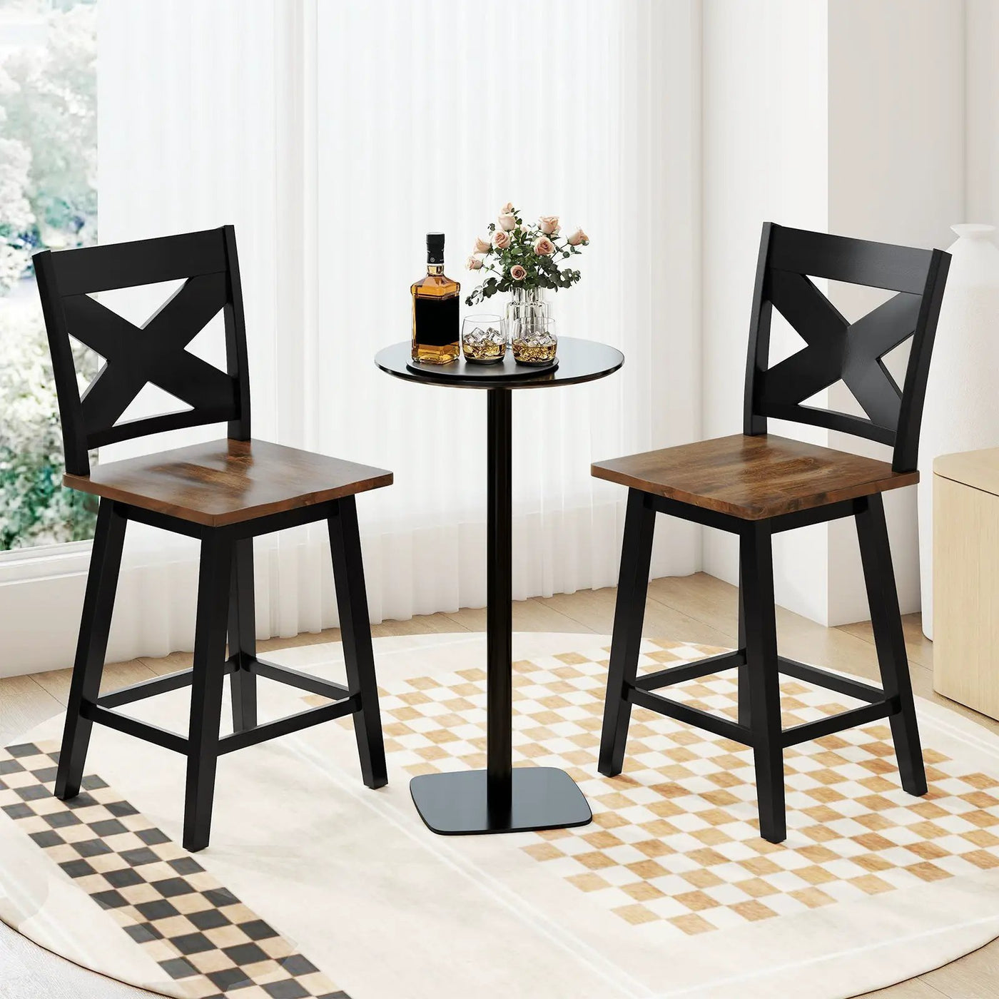 24" Rubberwood Swivel Barstools Set of 2 with Backrest and Large Seat by DirectDeals