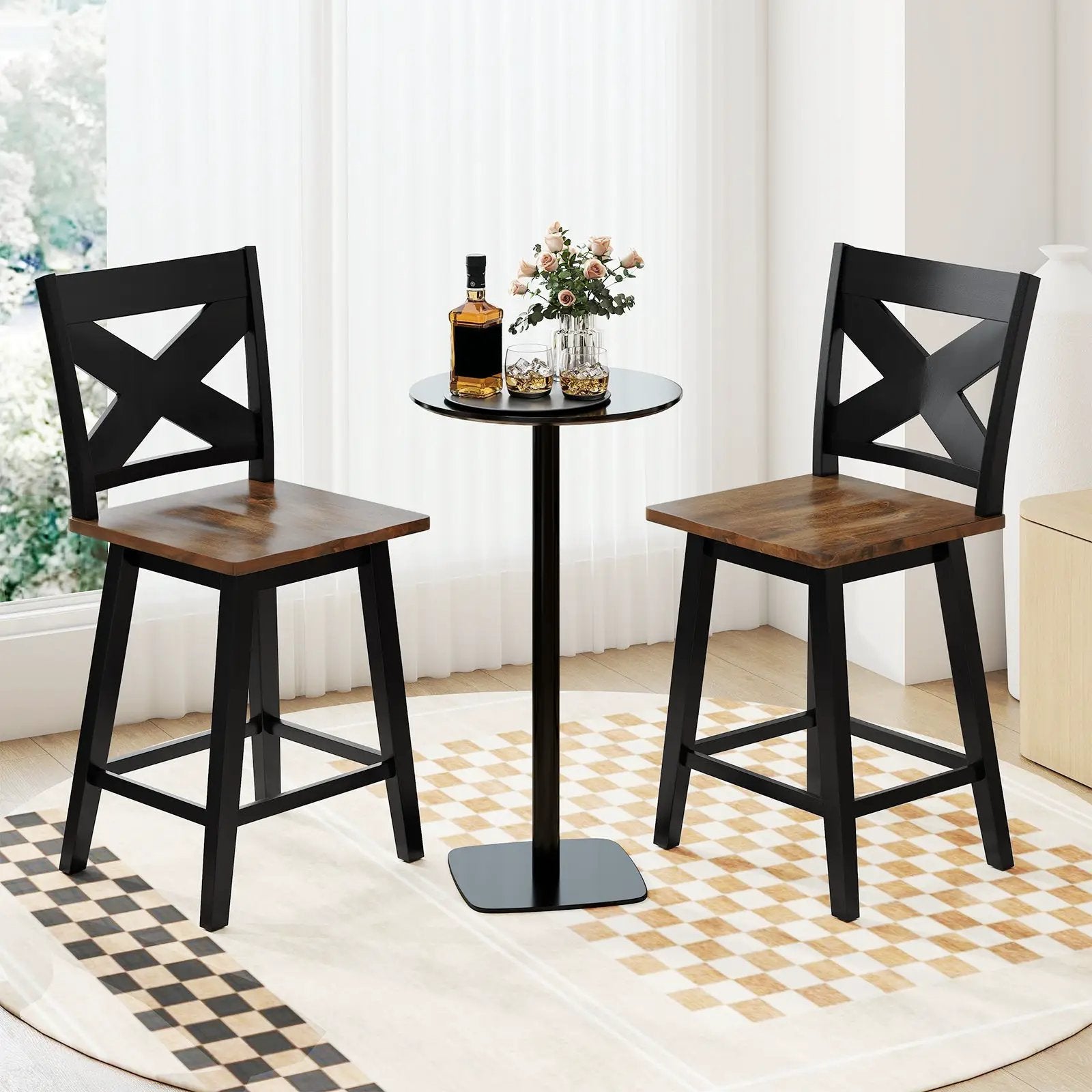 24" Rubberwood Swivel Barstools Set of 2 with Backrest and Large Seat by DirectDeals